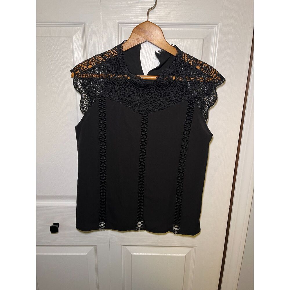 Womens Black Lace Crochet Sleeveless Blouse Size Medium Elegant Boho Top